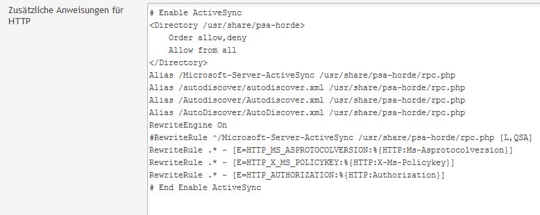 Zusätzliche Anweisungen für HTTP - ActiveSync mit Horde Aktivieren
